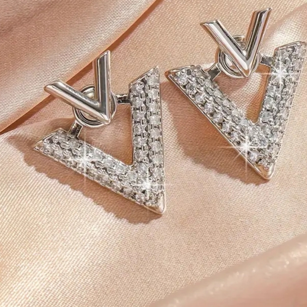 V Shaped Silver Crystal Earrings